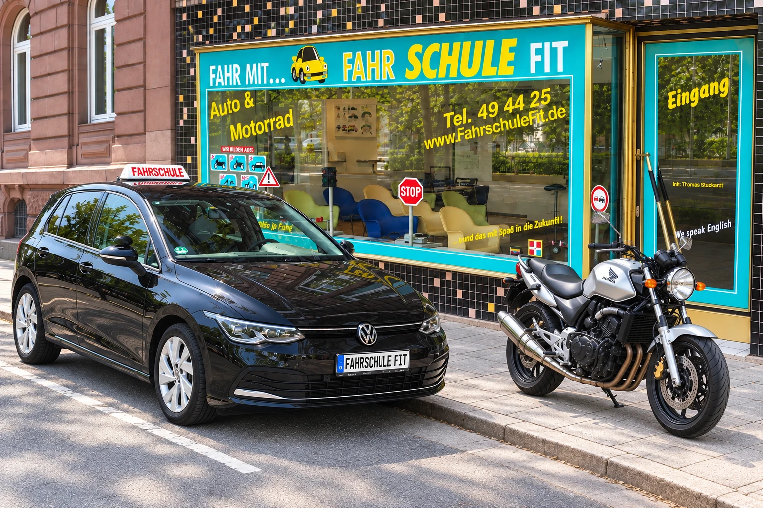 Fahrschule FIT mit schwarzem Golf und Honda-Motorrad vor dem Schaufenster